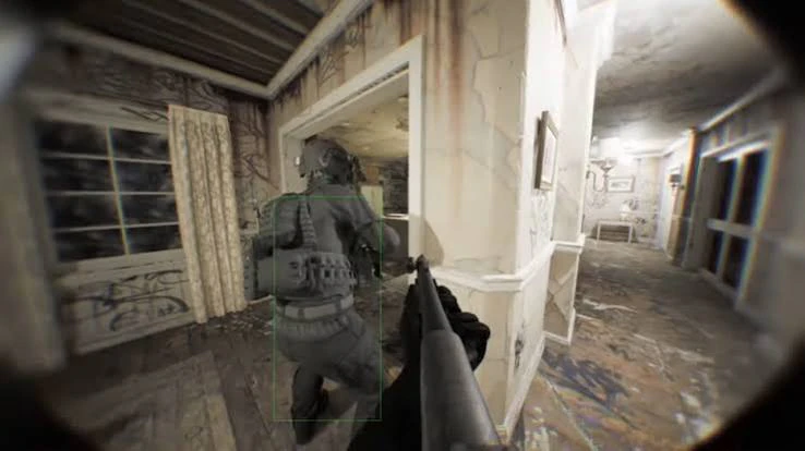 Bodycam ESP overlay with green bounding box while clearing an indoor hallway with a shotgun