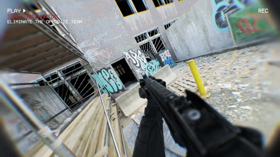 Bodycam Team Deathmatch gameplay on PC with body-camera perspective in a gritty urban map